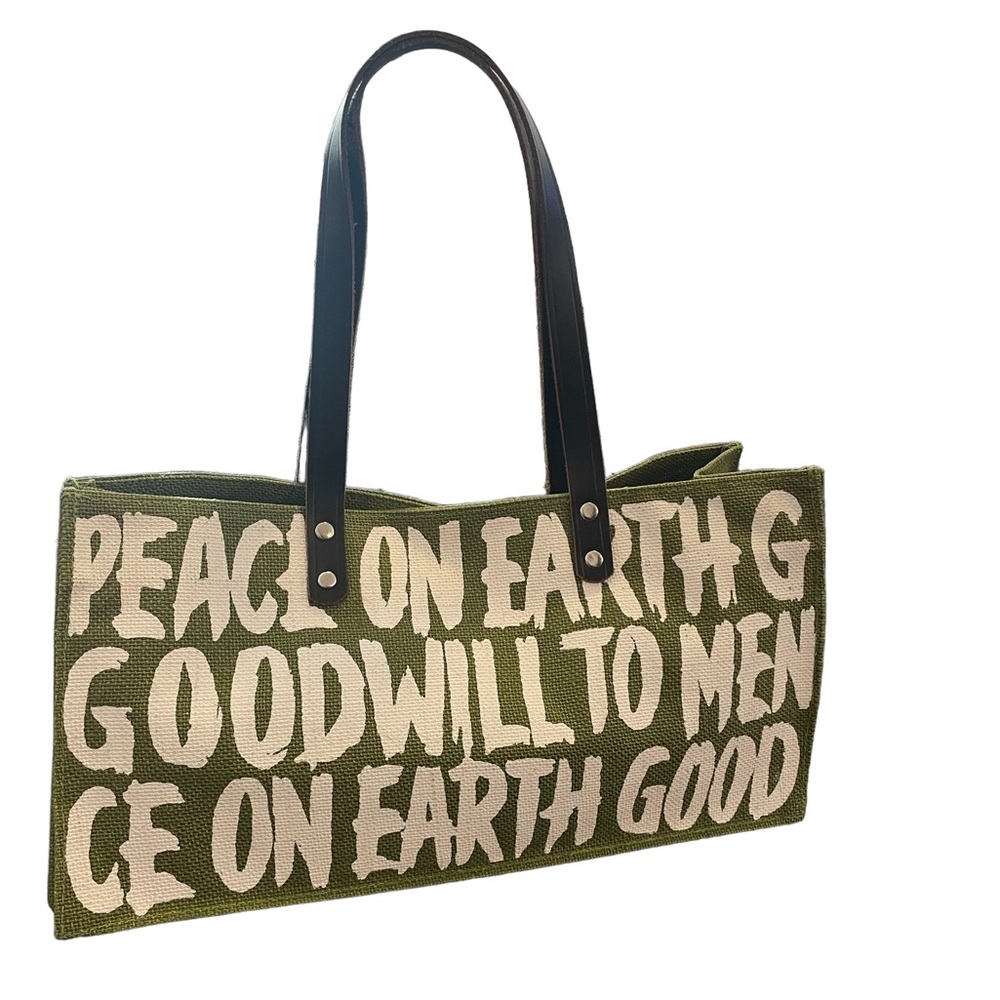 Green and White Burlap Tote Bag with Brown Leather straps “Peace on Earth”